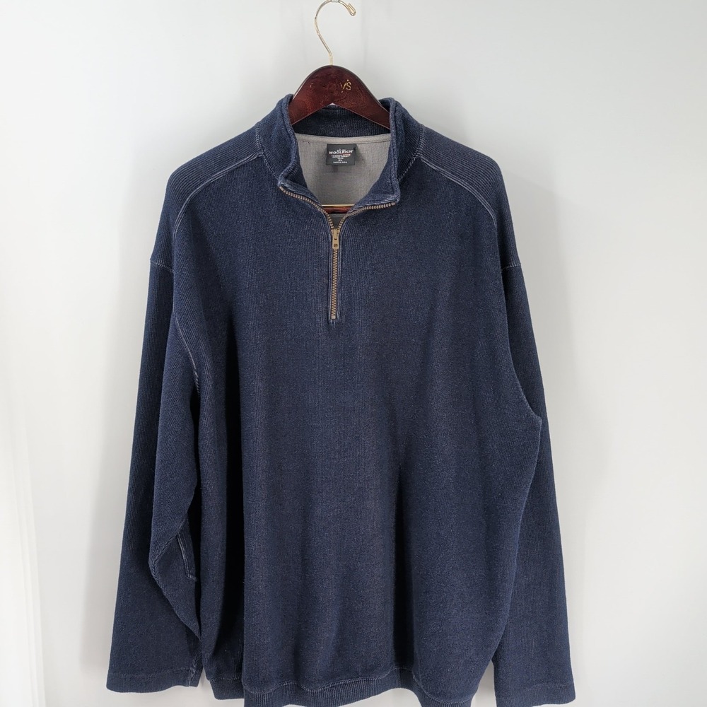 Vintage Woolrich Quarter Zip Elbow Patch Pullover Sweatshirt Navy‎ Blue Size XL